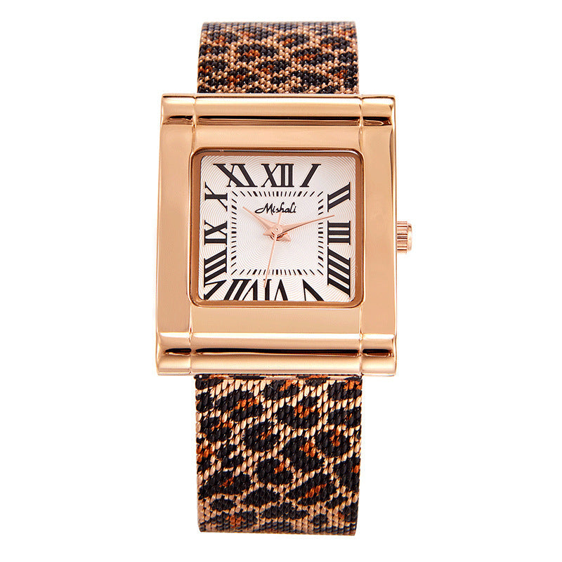 Reloj cuadrado de malla con estampado de leopardo y correa de acero para mujer