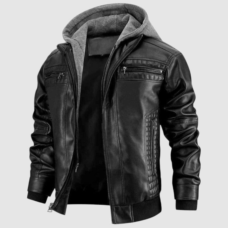 Jace Veste Hombre en Cuero – Estilo Moto Retro con Capucha y Cierre con Cremallera