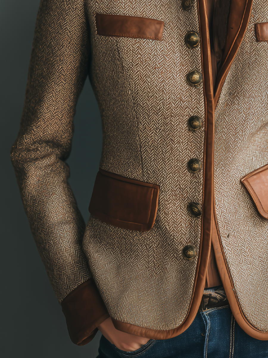 Chaqueta de tweed con bolsillos y ribetes de piel ecológica de estilo vintage.