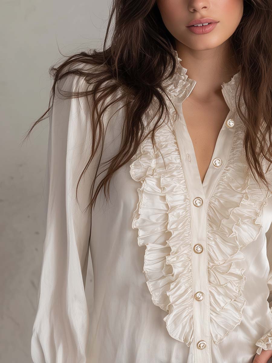 Blusa de manga larga de satén de poliéster con volantes y tapeta estilo retro.