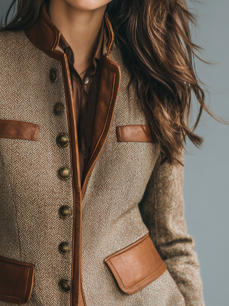 Chaqueta de tweed con bolsillos y ribetes de piel ecológica de estilo vintage.