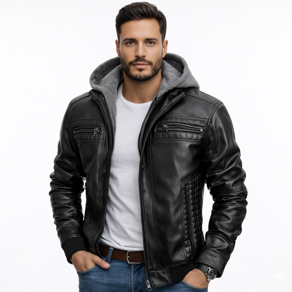 Jace Veste Hombre en Cuero – Estilo Moto Retro con Capucha y Cierre con Cremallera