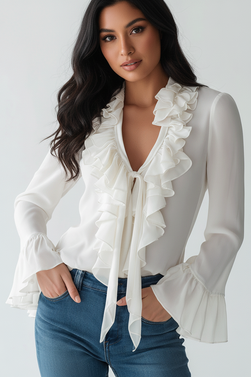 Blusa blanca de gasa con volantes y mangas largas de inspiración vintage.