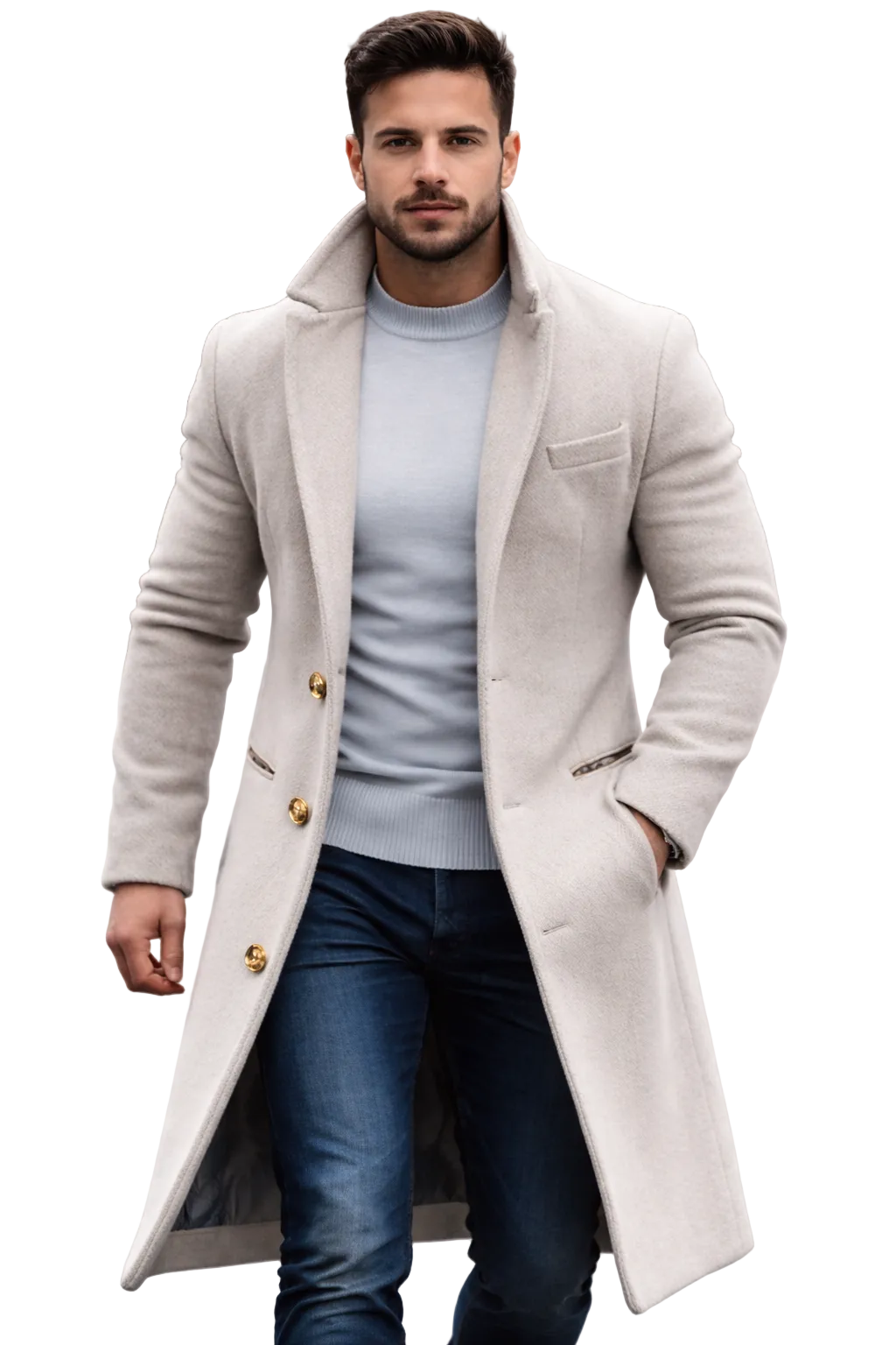 Robert Manteau Hombre Invierno – Largo Elegante con Bolsillos Prácticos, Botones y Corte Ajustado