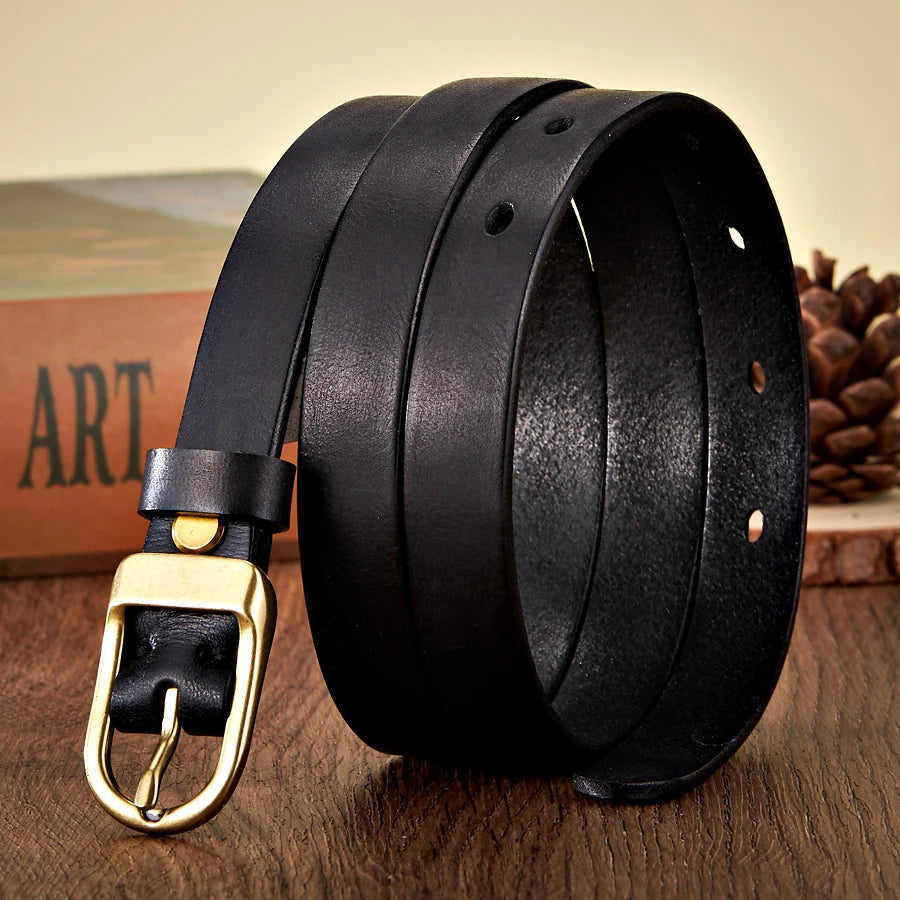 Cinturón fino de piel auténtica de 1,8 cm para mujer con hebilla de cobr