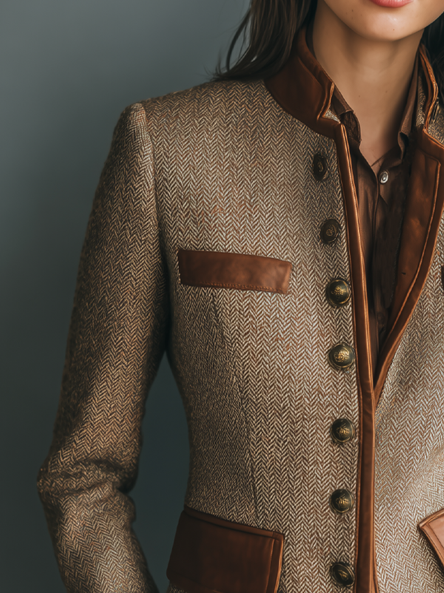 Chaqueta de tweed con bolsillos y ribetes de piel ecológica de estilo vintage.