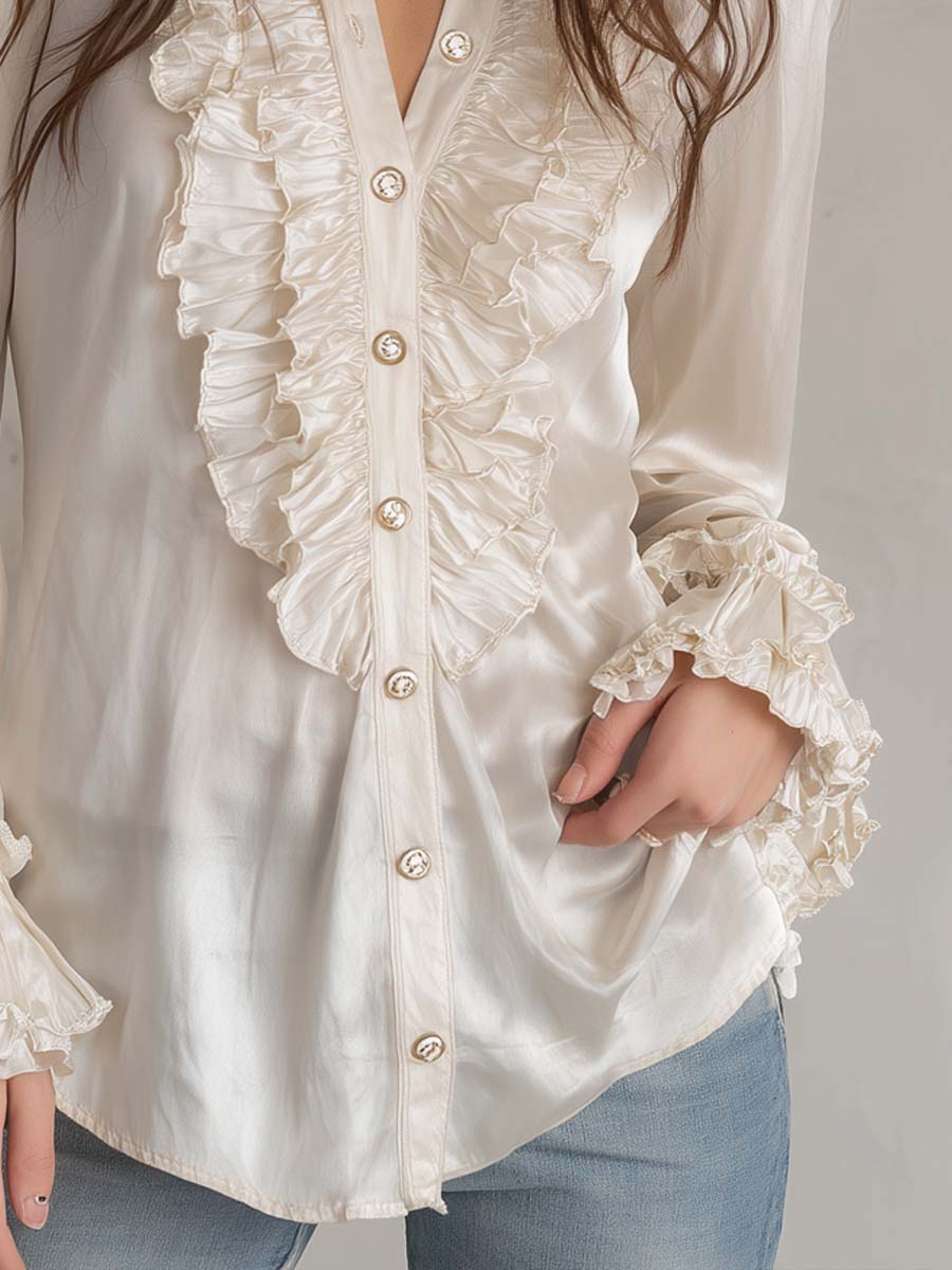 Blusa de manga larga de satén de poliéster con volantes y tapeta estilo retro.