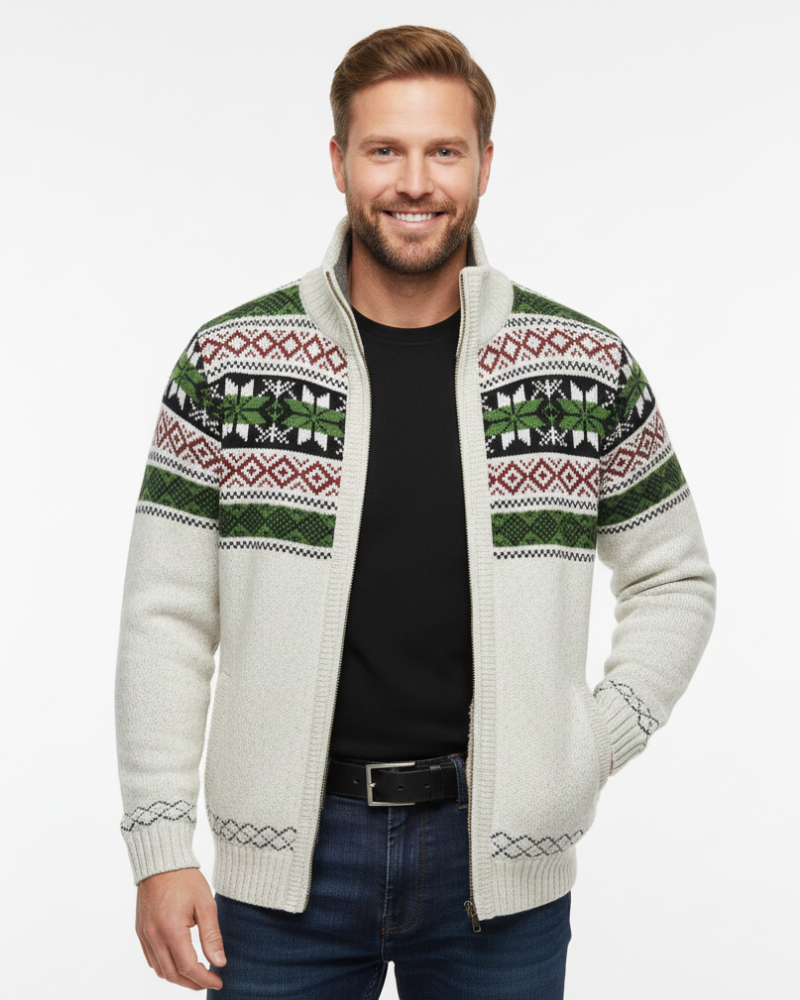 Chaleco de forro polar Moris para hombre – Chaqueta jacquard de invierno con cuello alto y motivos escandinavos