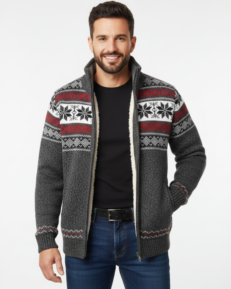 Chaleco de forro polar Moris para hombre – Chaqueta jacquard de invierno con cuello alto y motivos escandinavos