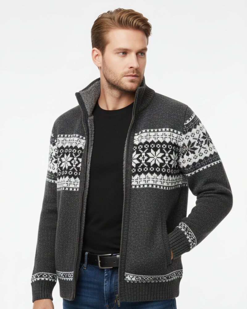 Chaleco de forro polar Moris para hombre – Chaqueta jacquard de invierno con cuello alto y motivos escandinavos
