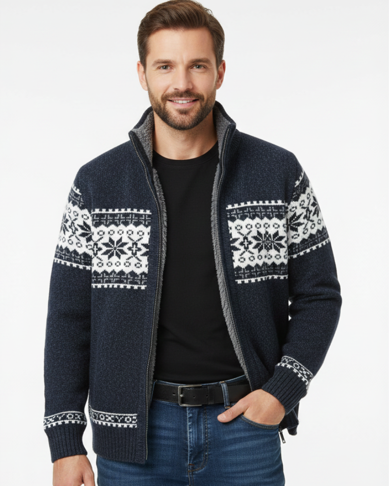 Chaleco de forro polar Moris para hombre – Chaqueta jacquard de invierno con cuello alto y motivos escandinavos