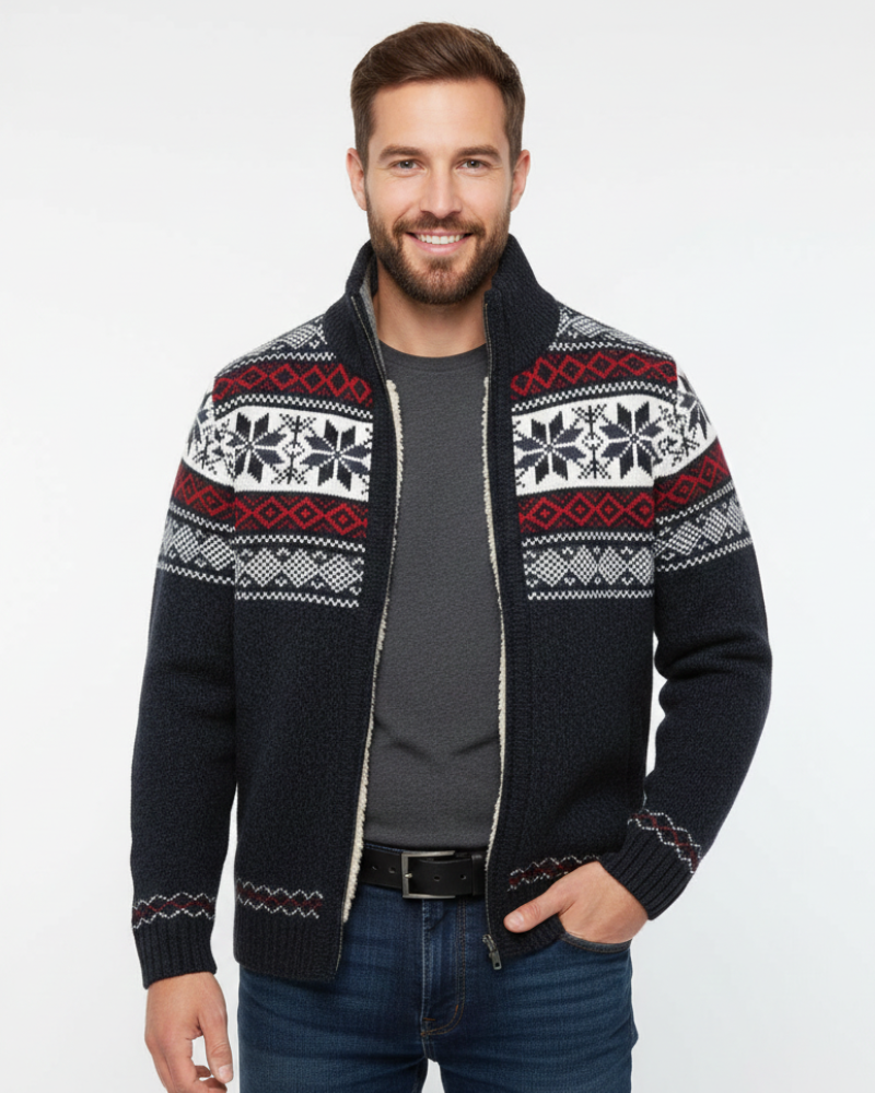 Chaleco de forro polar Moris para hombre – Chaqueta jacquard de invierno con cuello alto y motivos escandinavos