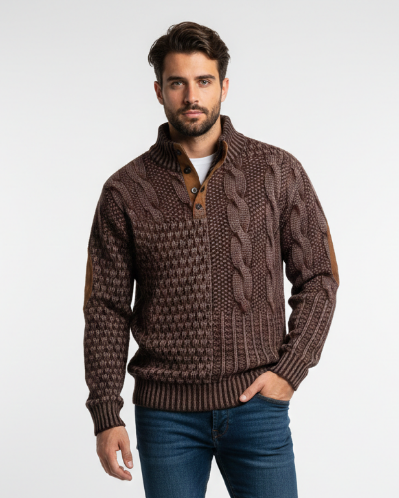 Aaron Pull Hombre Patchwork – Cuello Alto con Botones y Detalles de Ante Corte Regular