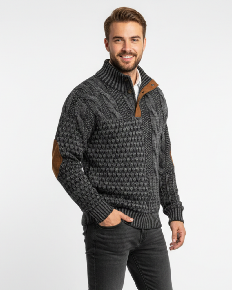 Aaron Pull Hombre Patchwork – Cuello Alto con Botones y Detalles de Ante Corte Regular