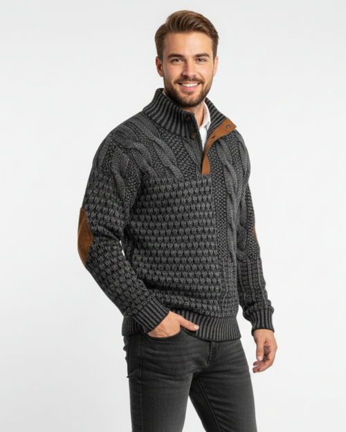 Aaron Pull Hombre Patchwork – Cuello Alto con Botones y Detalles de Ante Corte Regular