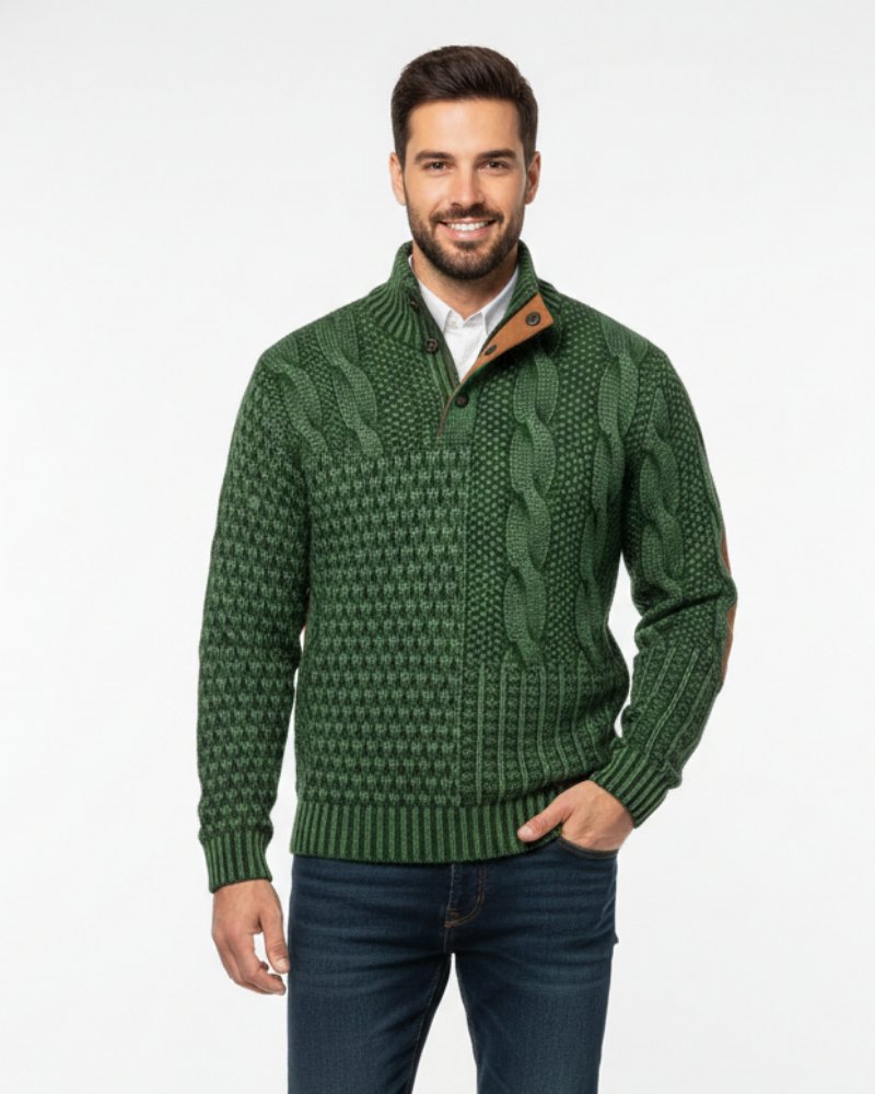 Aaron Pull Hombre Patchwork – Cuello Alto con Botones y Detalles de Ante Corte Regular