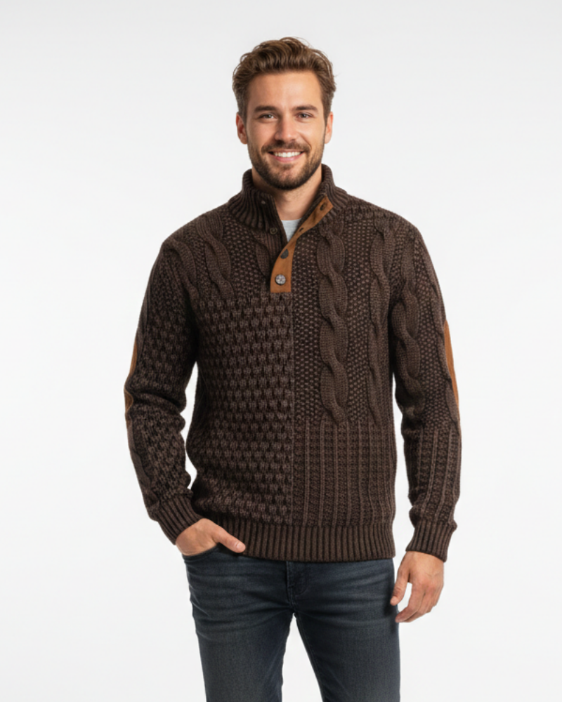 Aaron Pull Hombre Patchwork – Cuello Alto con Botones y Detalles de Ante Corte Regular
