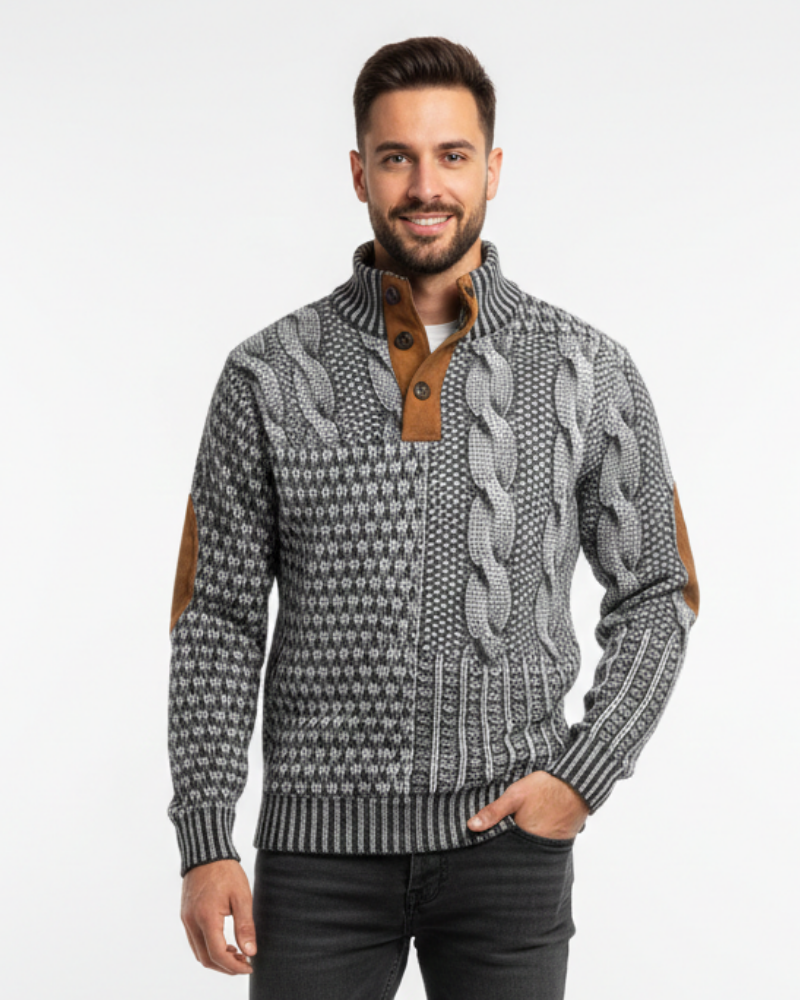 Aaron Pull Hombre Patchwork – Cuello Alto con Botones y Detalles de Ante Corte Regular