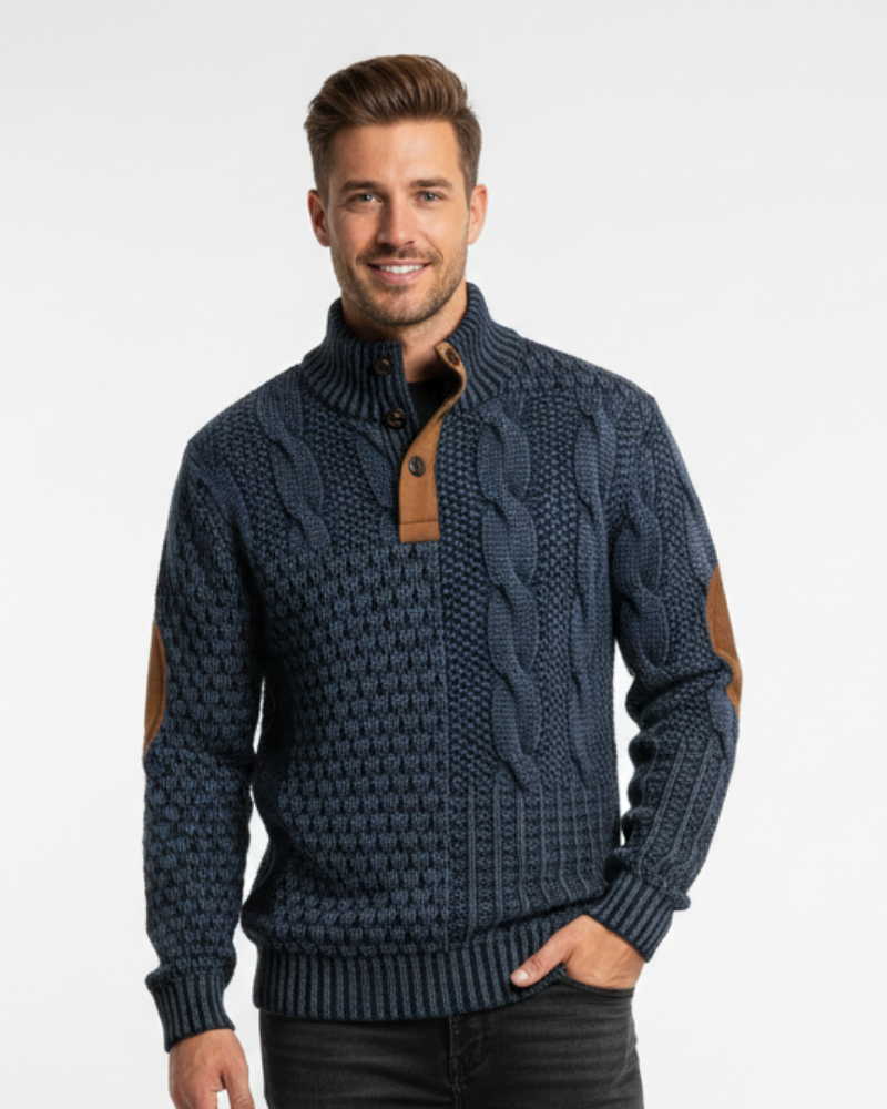 Aaron Pull Hombre Patchwork – Cuello Alto con Botones y Detalles de Ante Corte Regular