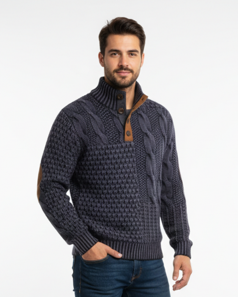 Aaron Pull Hombre Patchwork – Cuello Alto con Botones y Detalles de Ante Corte Regular