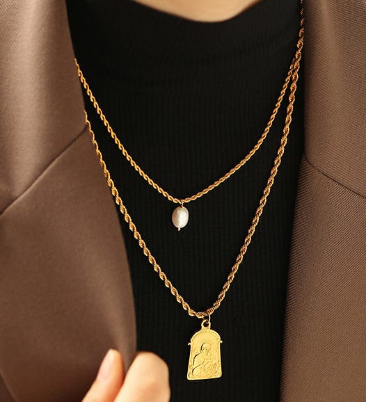 Gold Necklace with Pearl or Embossed Pendant