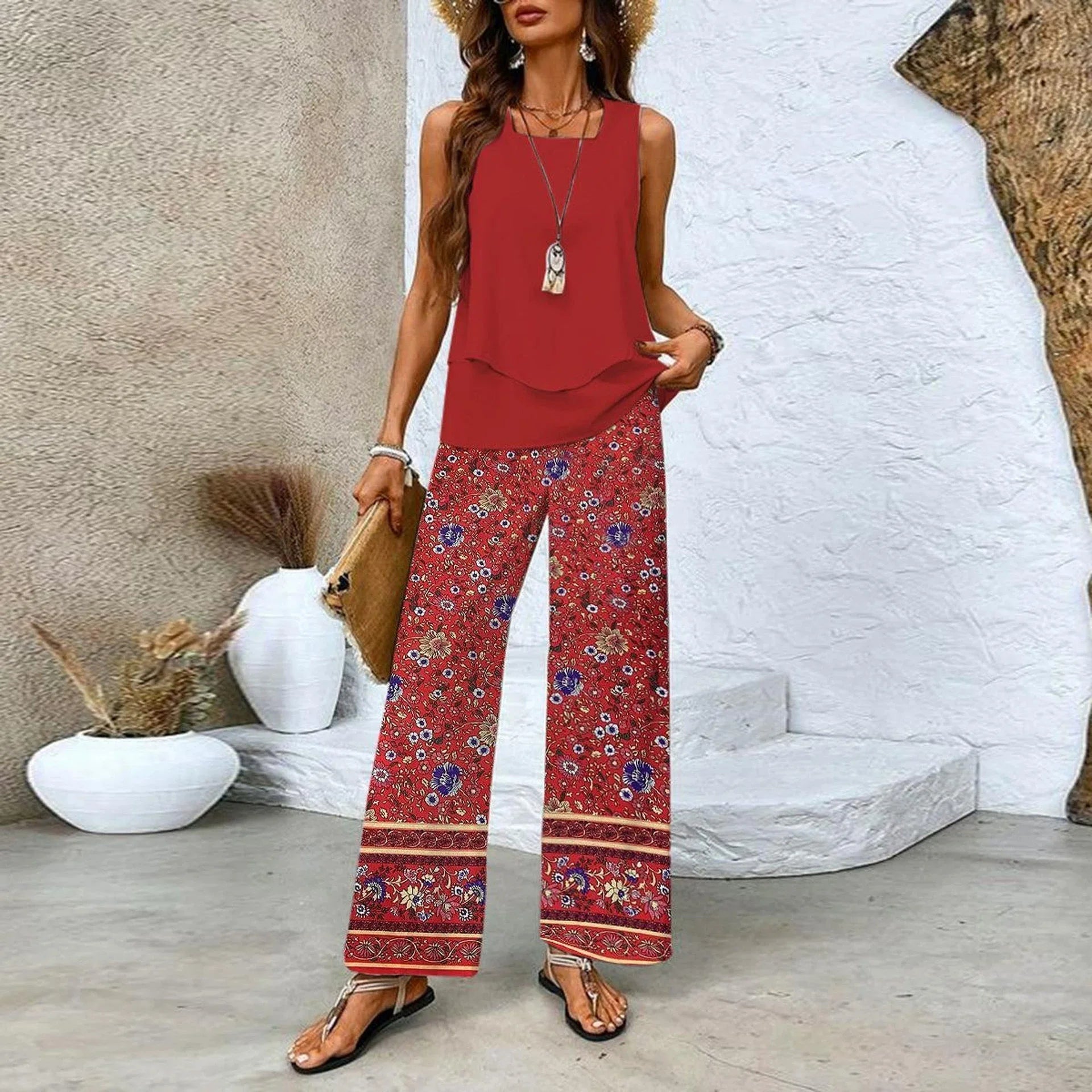 Analy - Conjunto De Topo Sin Mangas y Pantalones Anchos