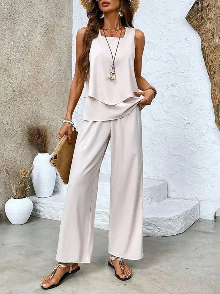 Analy - Conjunto De Topo Sin Mangas y Pantalones Anchos