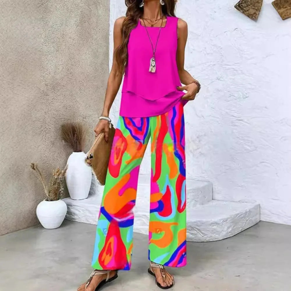 Analy - Conjunto De Topo Sin Mangas y Pantalones Anchos