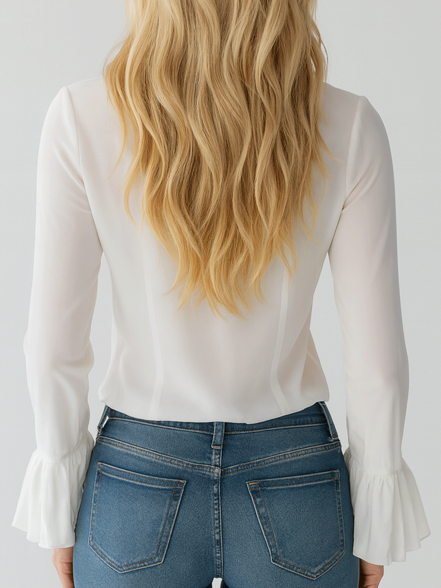 Blusa blanca de gasa con volantes y mangas largas de inspiración vintage.