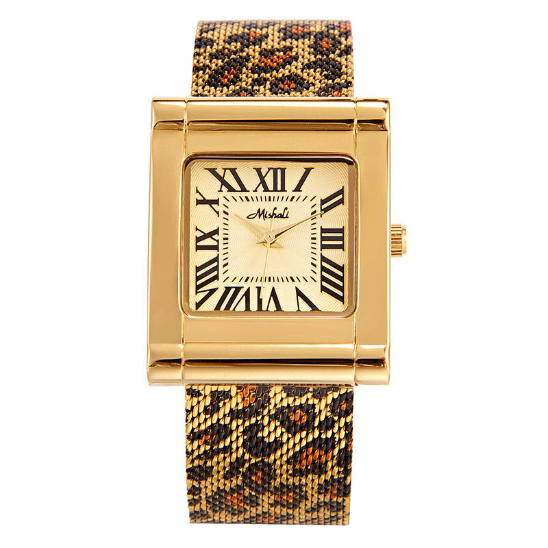Reloj cuadrado de malla con estampado de leopardo y correa de acero para mujer