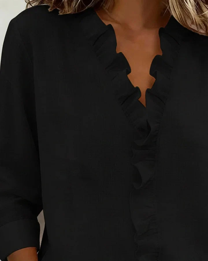 Aletta - Blusa Con Cuello En V Con Volantes y Manga Larga