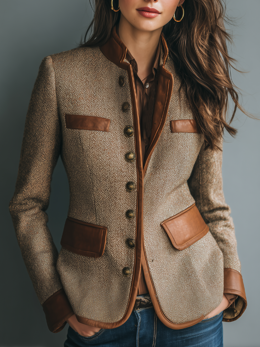 Chaqueta de tweed con bolsillos y ribetes de piel ecológica de estilo vintage.