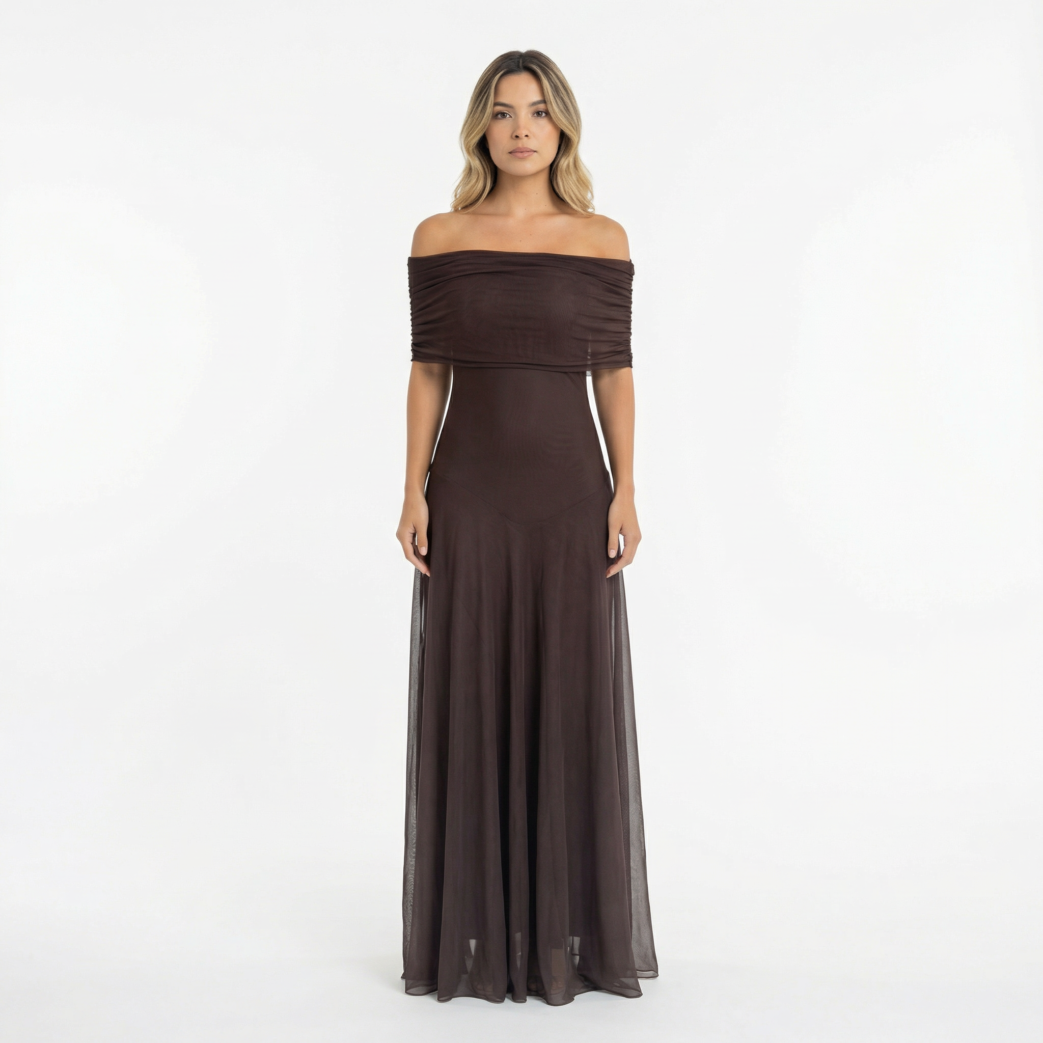 Vestido Largo Chiffon Hombros Caídos
