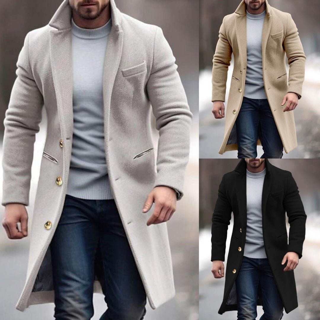 Robert Manteau Hombre Invierno – Largo Elegante con Bolsillos Prácticos, Botones y Corte Ajustado