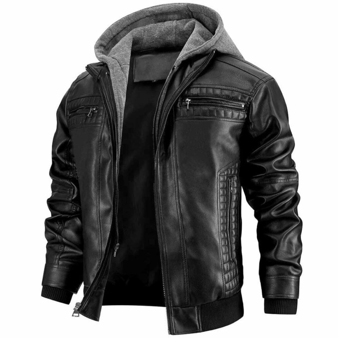 Jace Veste Hombre en Cuero – Estilo Moto Retro con Capucha y Cierre con Cremallera